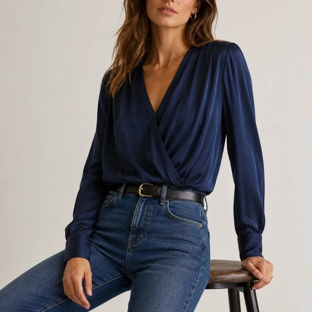 Quince Washable Stretch Silk Surplice Bodysuit Wrap Front Long Sleeve Date Navy